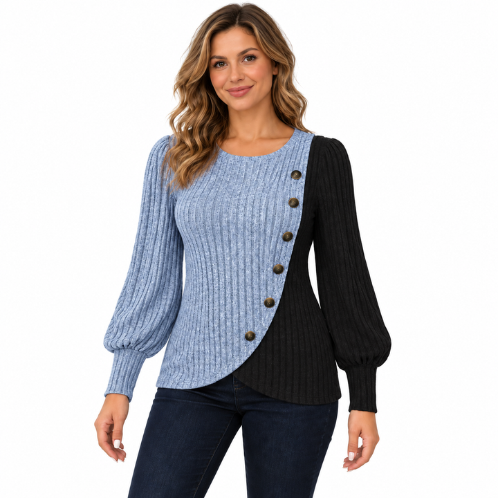 Sky blue and black ribbed knit top with decorative side buttons, front view on a white background