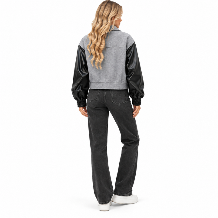 Color block zip-up jacket in light gray and black, full back model view