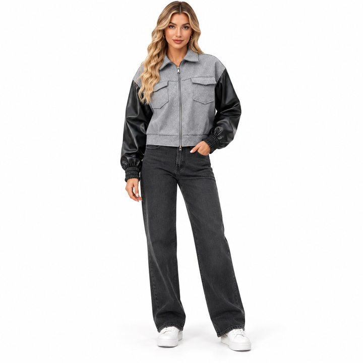Color block zip-up jacket in light gray and black, full front model view