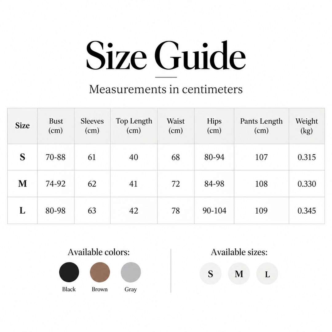 Size guide for crop top and pants set with verified S, M and L measurements plus Black, Brown and Gray color options