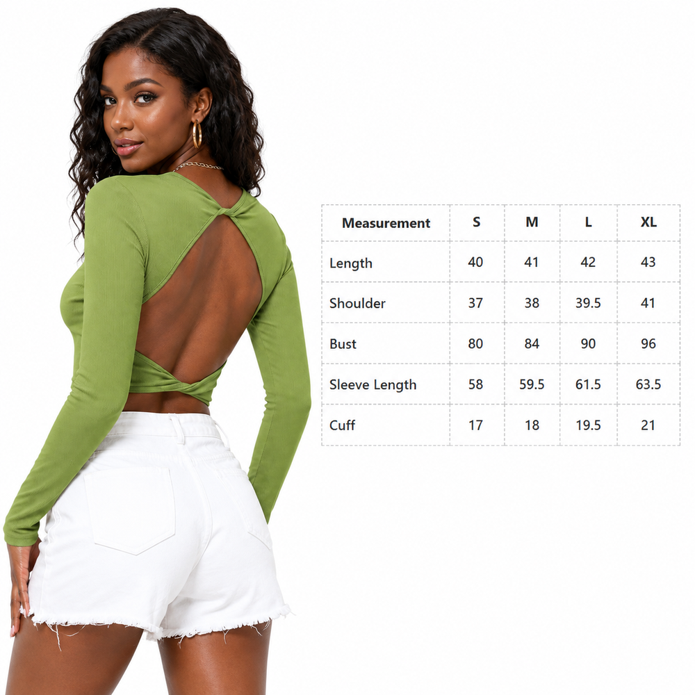 Women's green cropped long sleeve top with size chart in centimeters for S, M, L and XL on a clean white background.