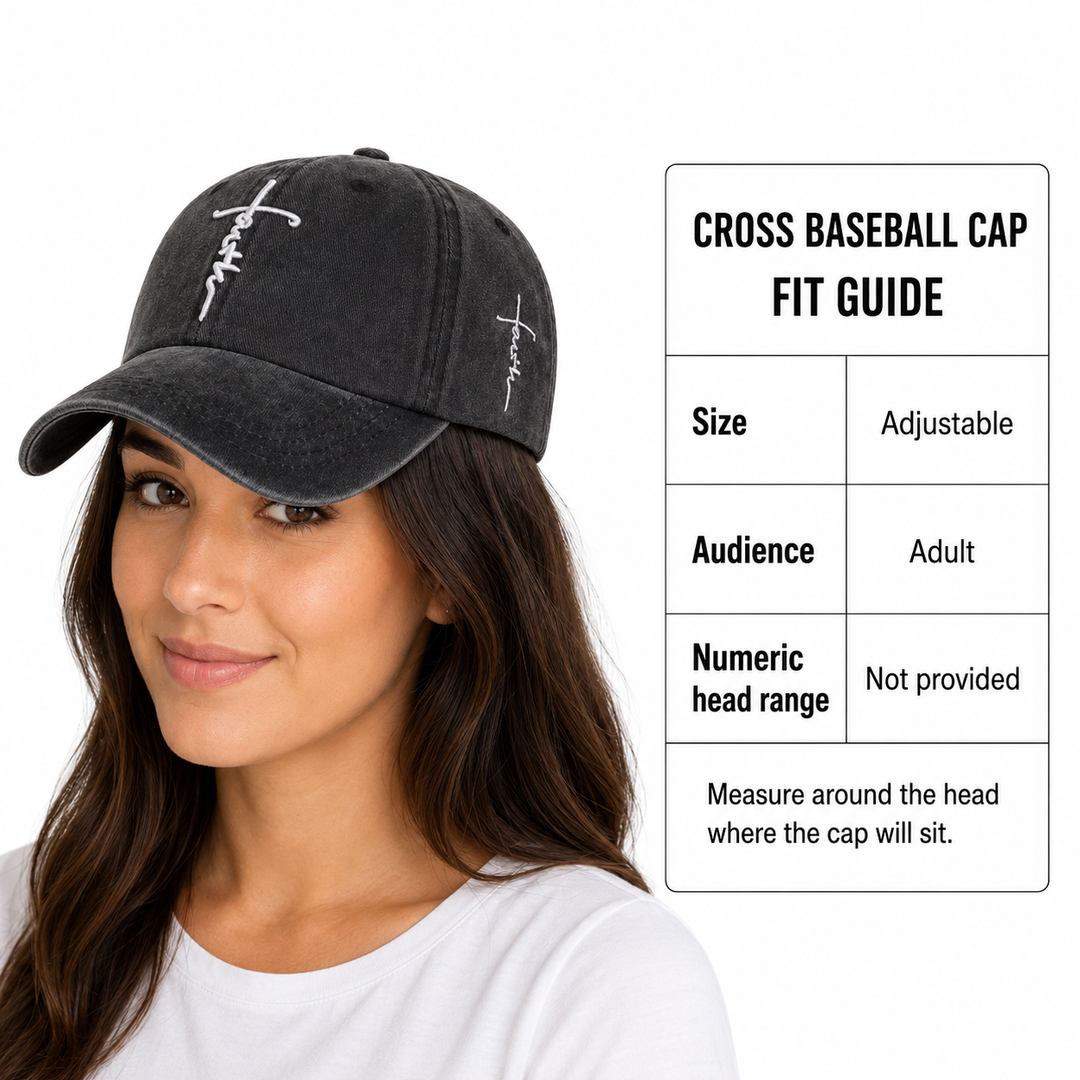 Woman wearing a black embroidered cross baseball cap beside an adjustable adult fit guide.