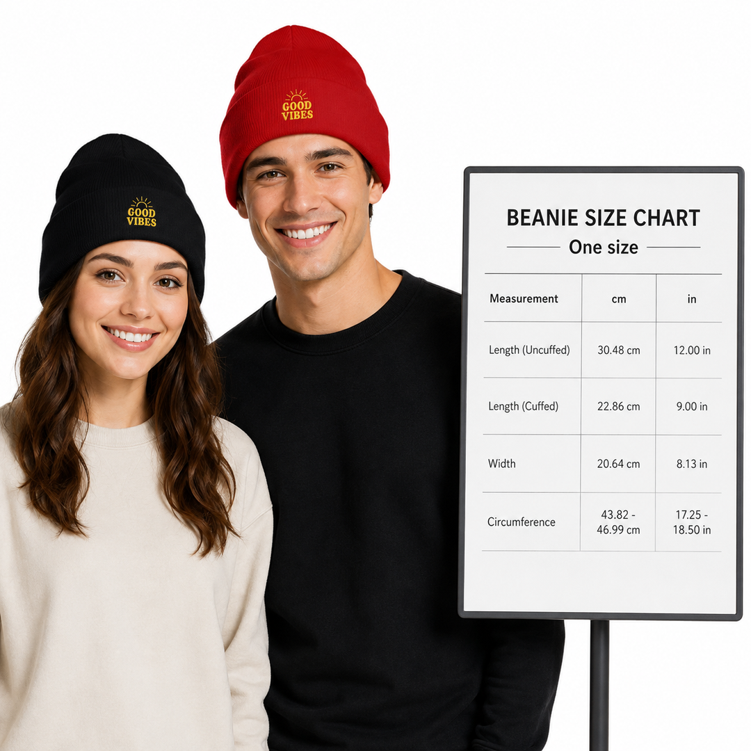 Woman and man wearing embroidered cuffed beanies beside one-size chart with confirmed centimeter and inch measurements