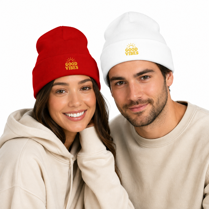 Woman wearing red cuffed beanie beside man wearing white cuffed beanie with matching Good Vibes embroidery