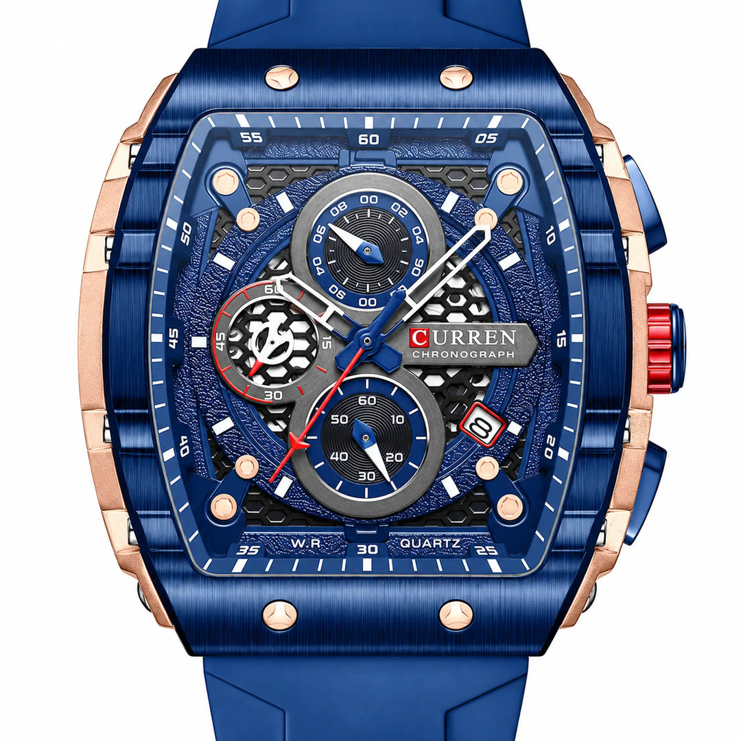 Close-up of the blue CURREN 8442 dial, hands and subdials