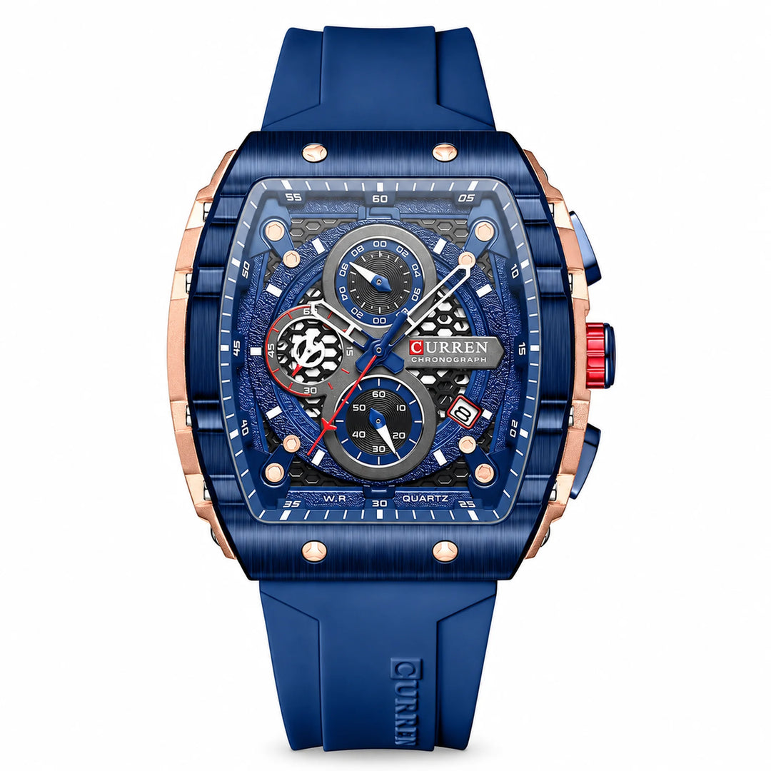 CURREN 8442 watch with navy strap, blue bezel and rose-tone case, front view