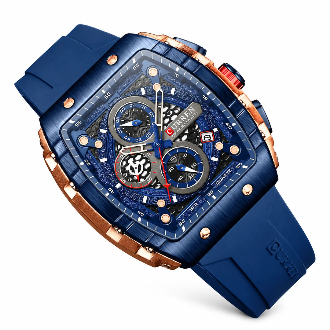 CURREN 8442 navy-strap watch at a three-quarter angle, showing the blue bezel and rose-tone case