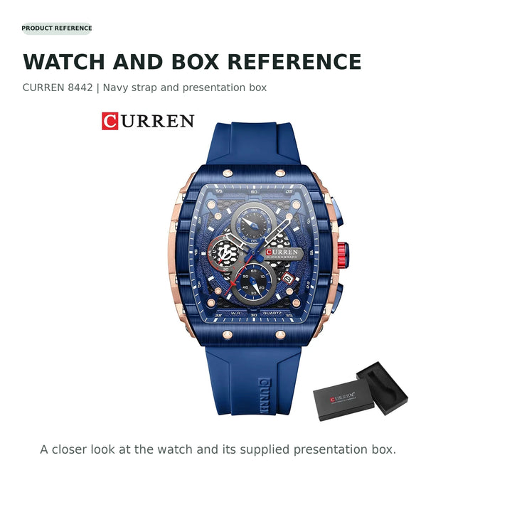 CURREN 8442 watch with navy strap and its presentation box, shown together