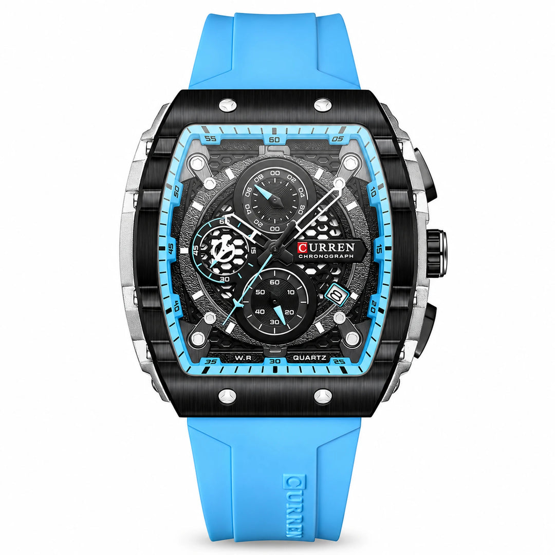 CURREN 8442 watch with light blue strap, black case and dark dial, front view