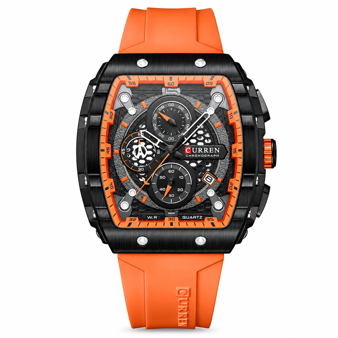 CURREN 8442 watch with orange strap and black case, front view
