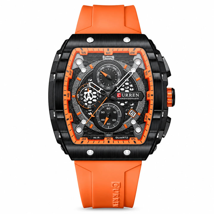 CURREN 8442 watch with orange strap and black case, front view
