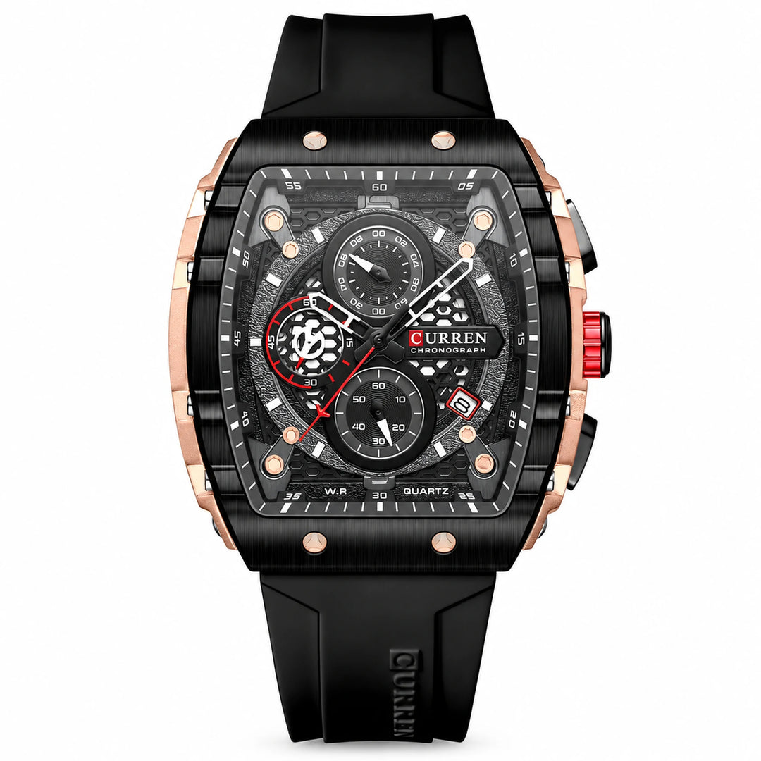 CURREN 8442 watch with black strap, rose-tone case and dark dial, front view
