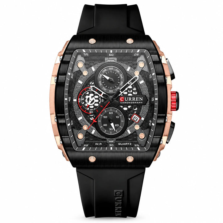 CURREN 8442 watch with black strap, rose-tone case and dark dial, front view