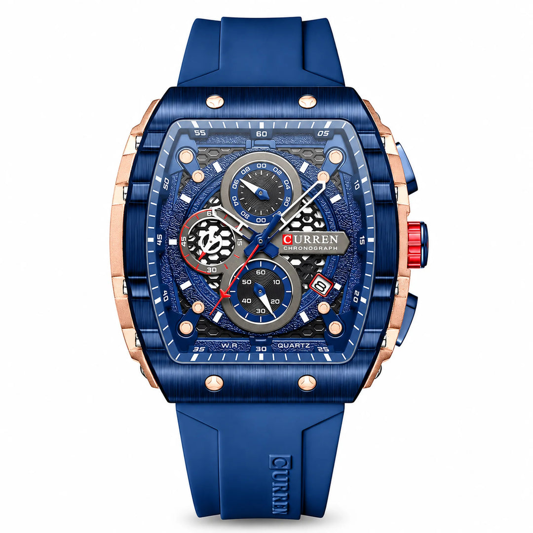 CURREN 8442 watch with navy strap, blue bezel and rose-tone case, front variant view