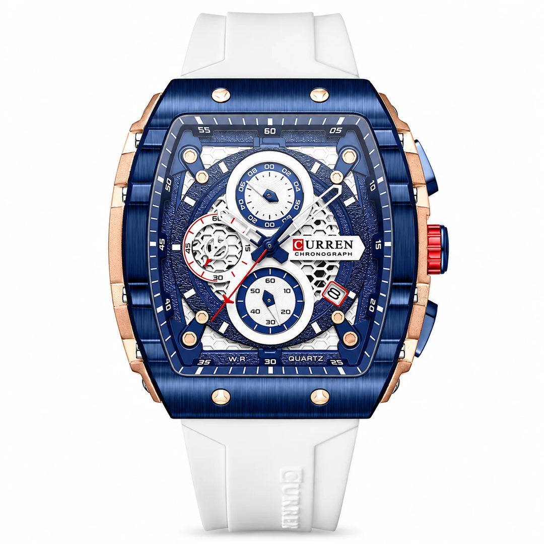 CURREN 8442 watch with white strap, blue bezel and rose-tone case, front view