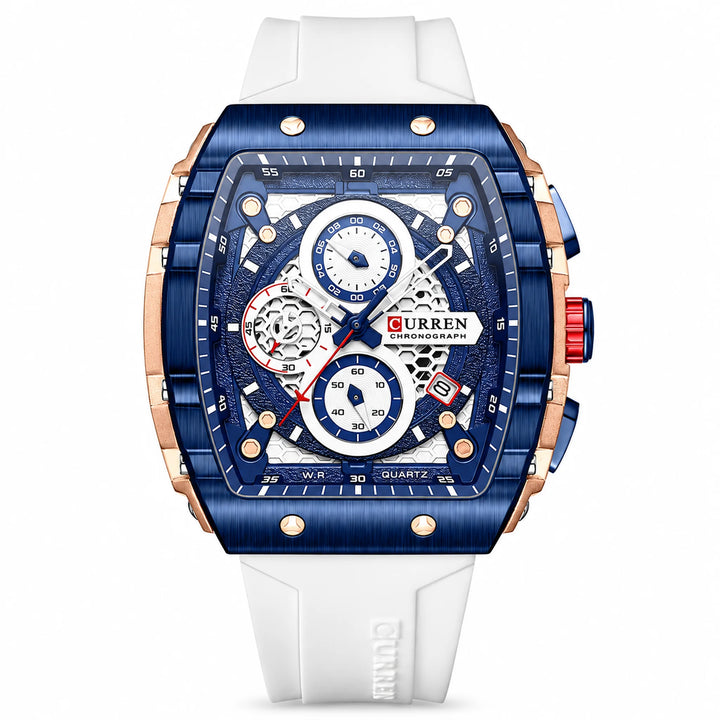 CURREN 8442 watch with white strap, blue bezel and rose-tone case, front view