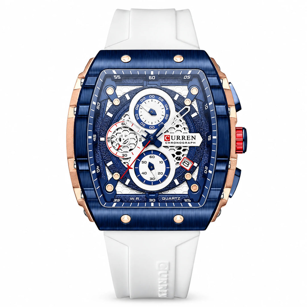 CURREN 8442 watch with white strap, blue bezel and white-ringed dial, front view