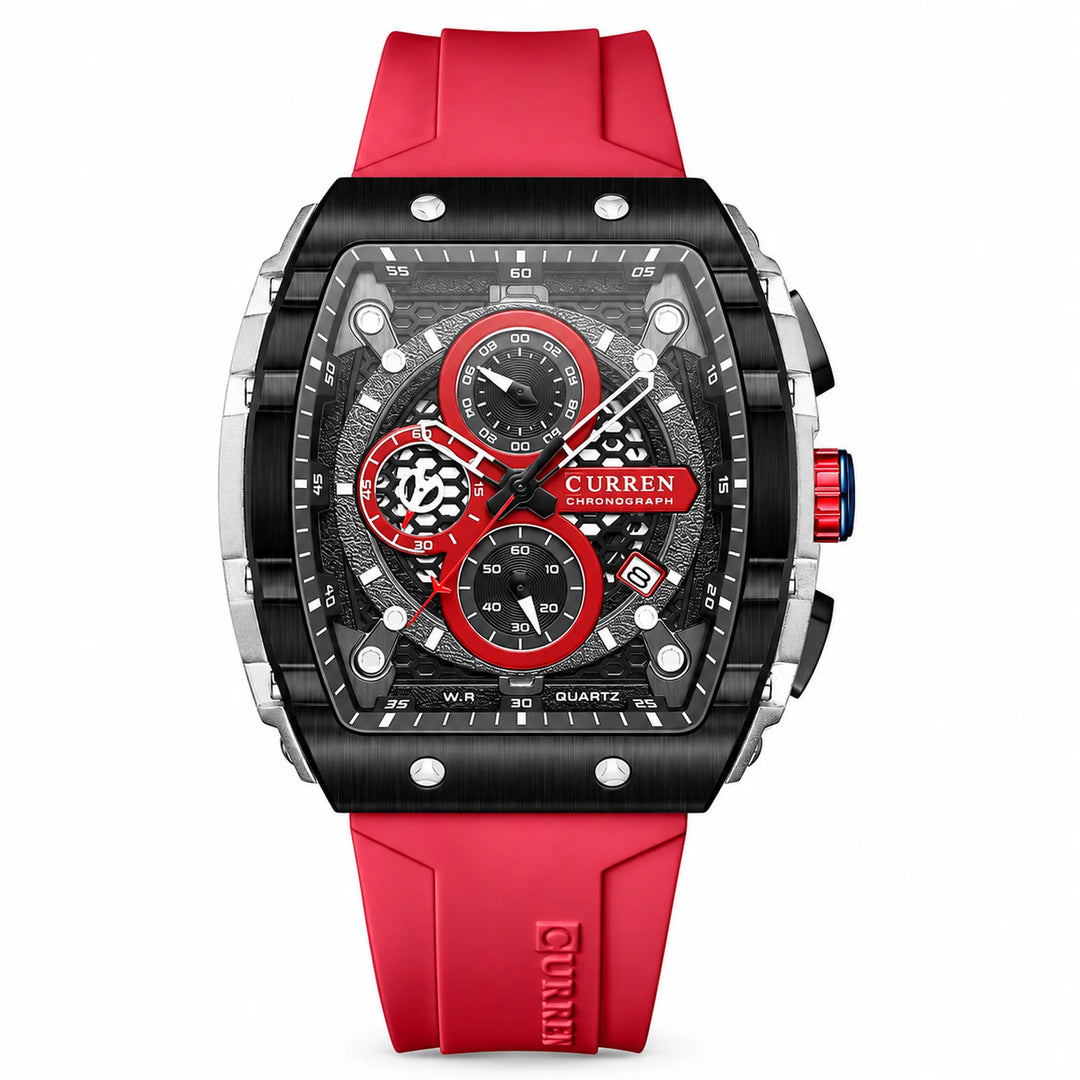 CURREN 8442 watch with red strap, silver-tone case and dark dial, front view