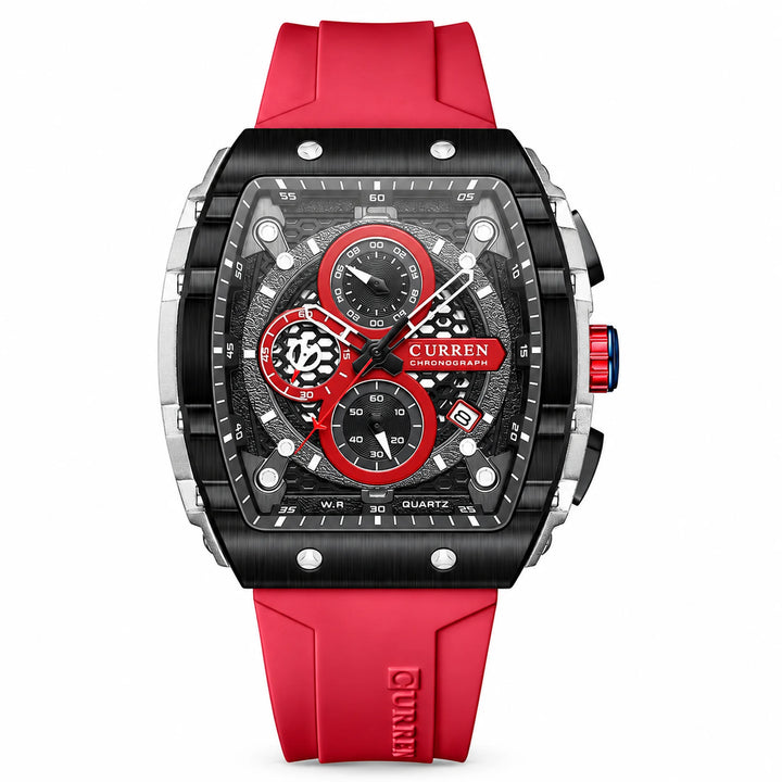 CURREN 8442 watch with red strap, silver-tone case and dark dial, front view