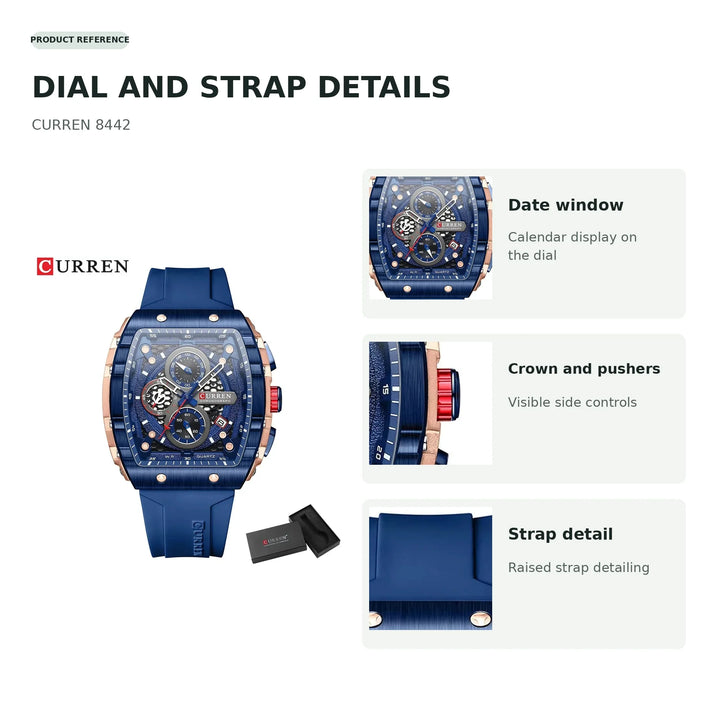 CURREN 8442 watch with close-ups of the date window, crown, pushers and strap