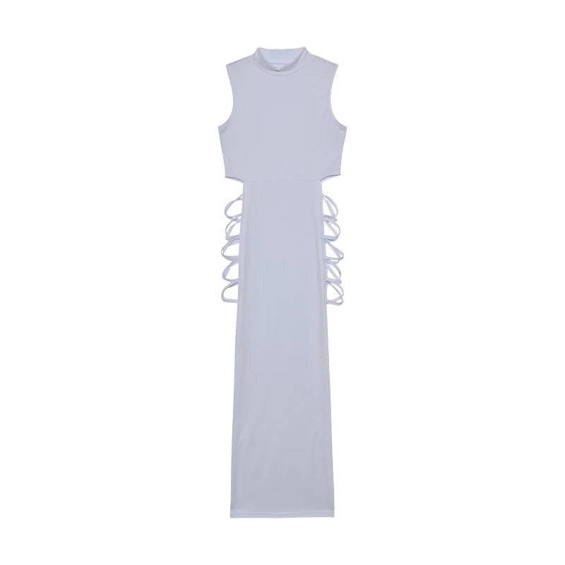 Maxi dress product image showing the sleeveless high neckline, long silhouette and verified open side strap construction view