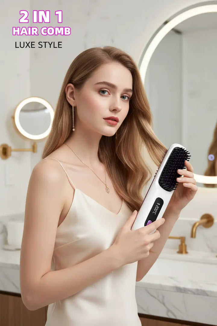 Cordless hair straightener brush in use on straight medium-length hair indoors
