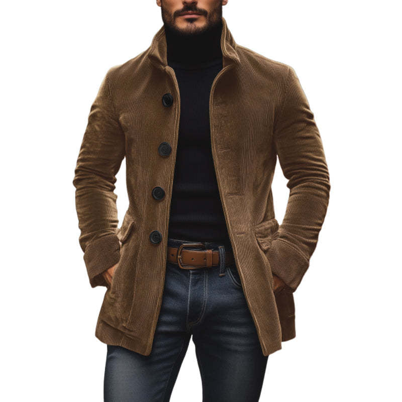 men's corduroy jacket stand collar close-up on neckline and stitching for premium-looking winter outerwear
