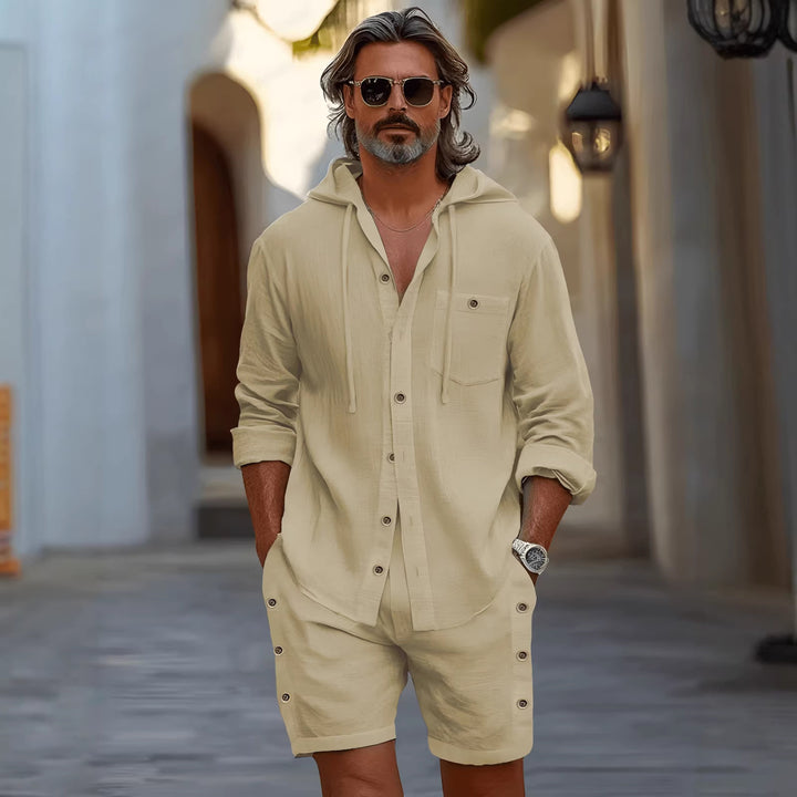 Khaki cotton blend set styled with casual sneakers for a clean everyday outfit