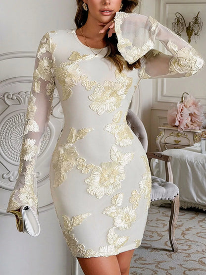 floral embroidered mesh dress close-up embroidery texture on sheer mesh with lined underlayer
