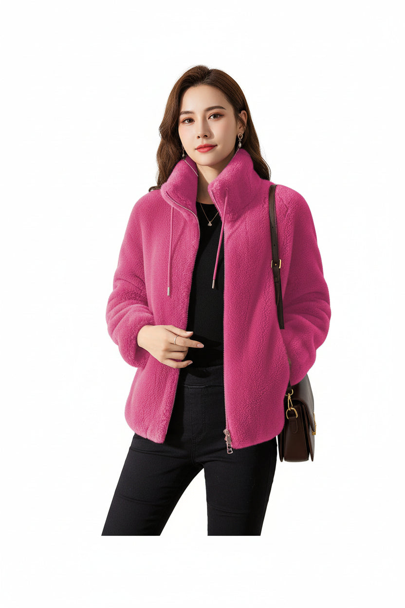 women fleece cardigan maroon fleece texture relaxed silhouette