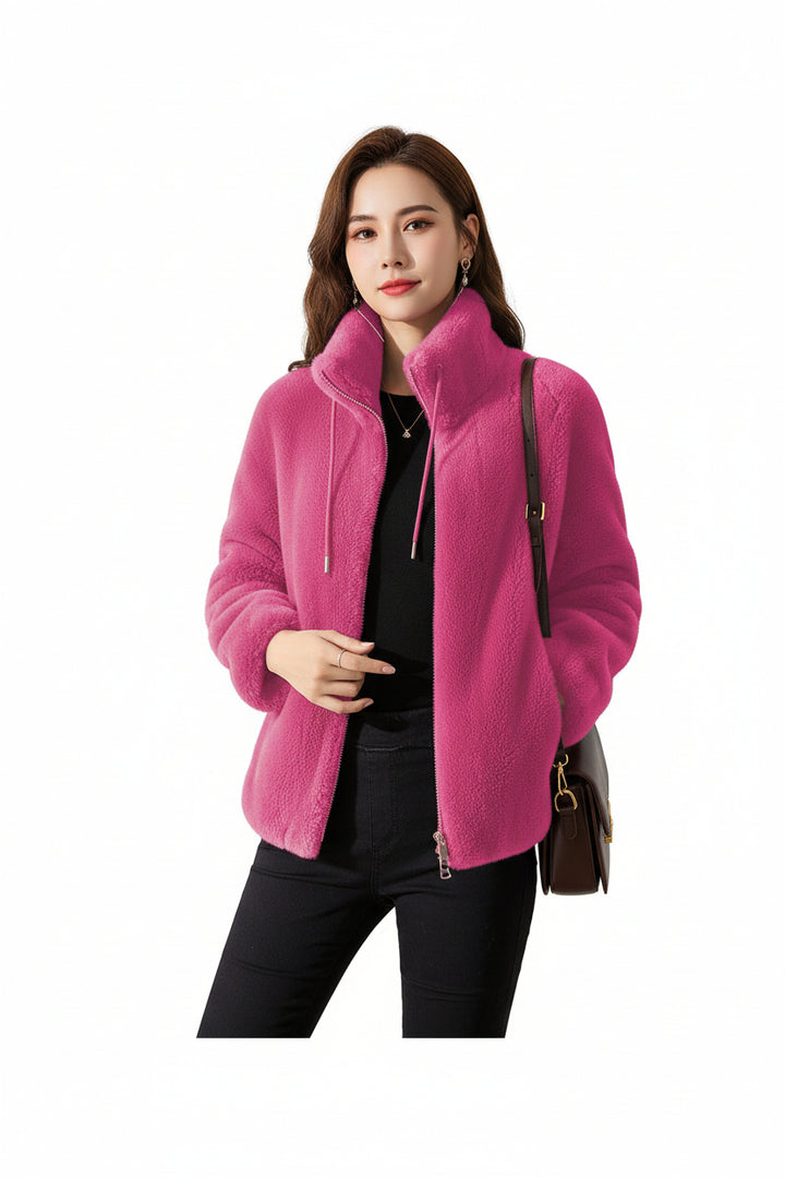 women fleece cardigan maroon fleece texture relaxed silhouette