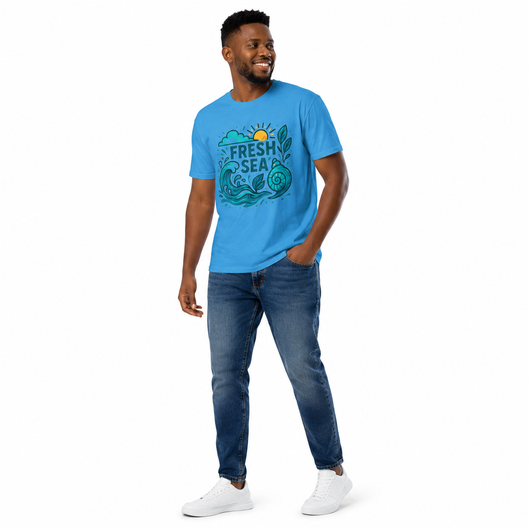 Fresh Sea cotton t shirt with a coastal design, gender-neutral fit, ribbed neckline, and relaxed styling for summer holidays.

