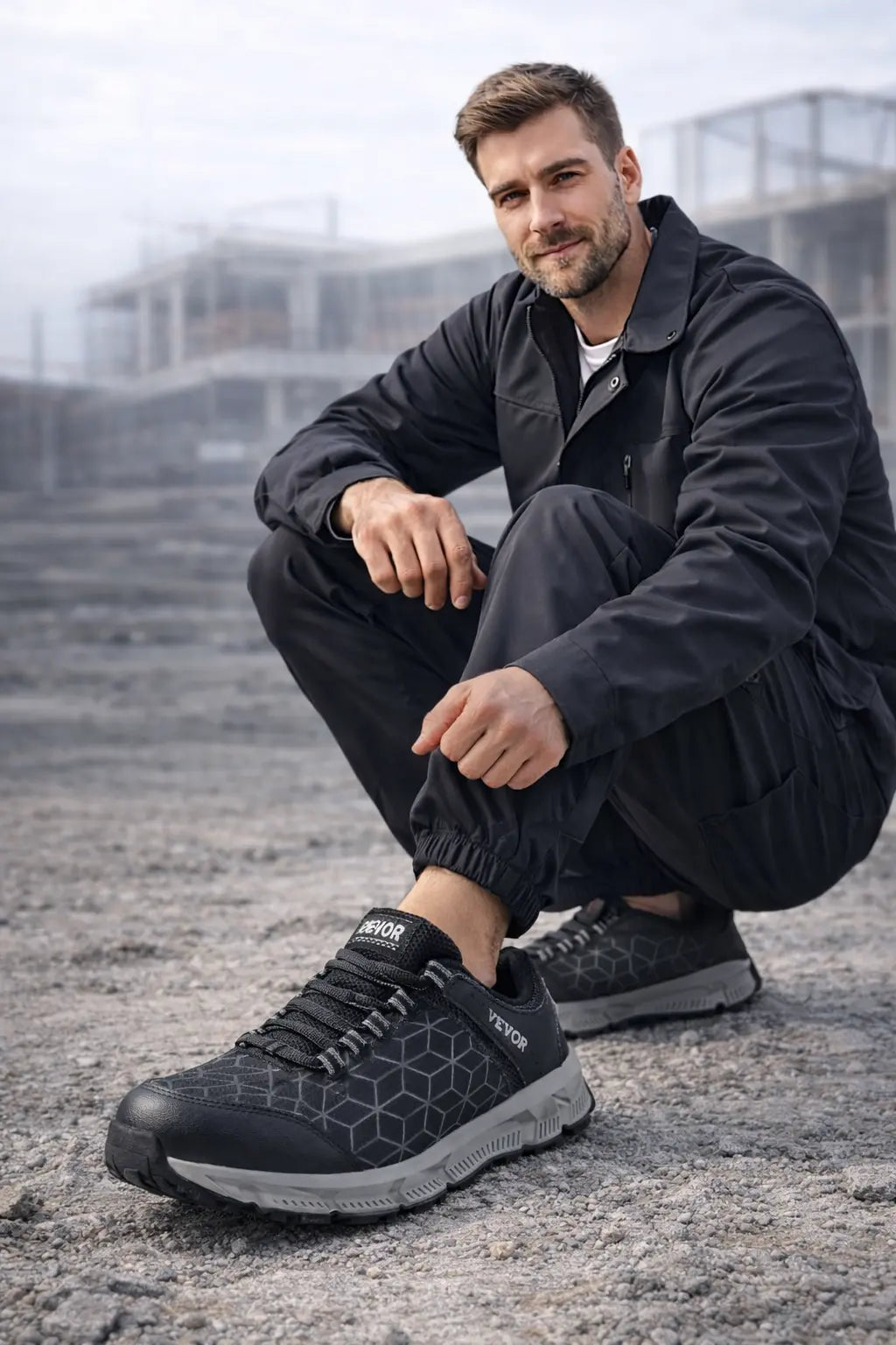 men's steel toe sneakers black aluminum toe cap close-up construction site