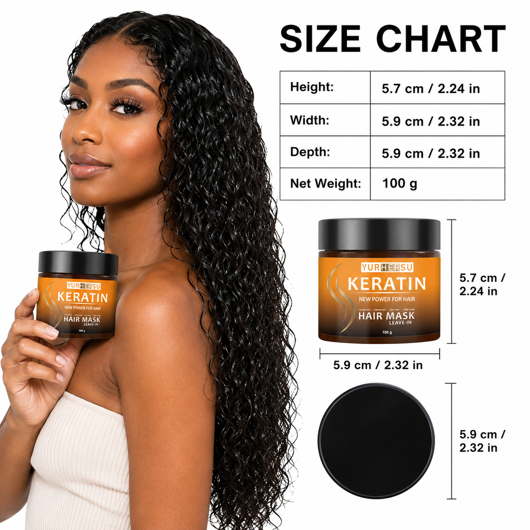 Keratin hair mask size chart with model, 5.7 cm height, 5.9 cm width and 100 g weight