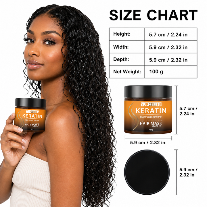 Keratin hair mask size chart with model, 5.7 cm height, 5.9 cm width and 100 g weight