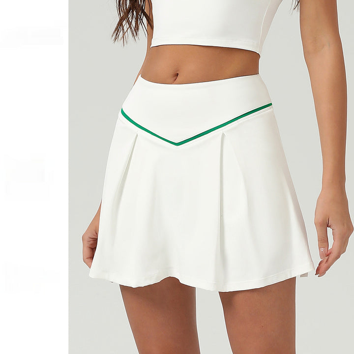 White nylon and spandex athletic skirt styled for tennis practice and summer workouts