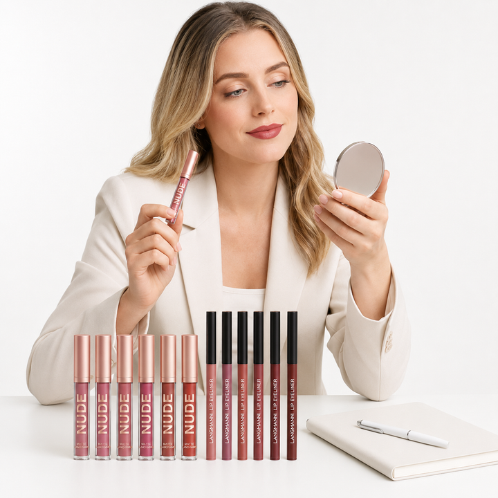 Six lipstick shades and six lip liner pens shown together in a waterproof, long-wear makeup set for daily use or gift giving.
