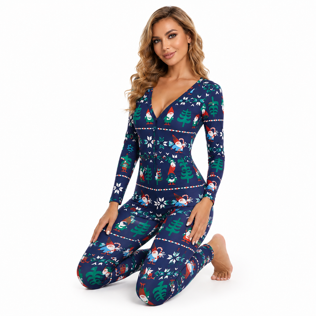 Blue Christmas jumpsuit for women with festive gnome print, long sleeves and slim fit for clean holiday product styling
