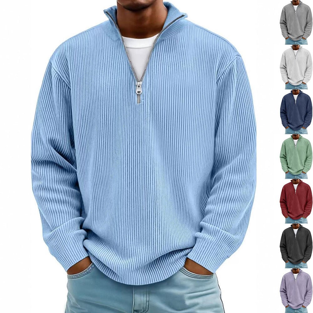 men corduroy pullover long sleeve relaxed fit neutral background styling
