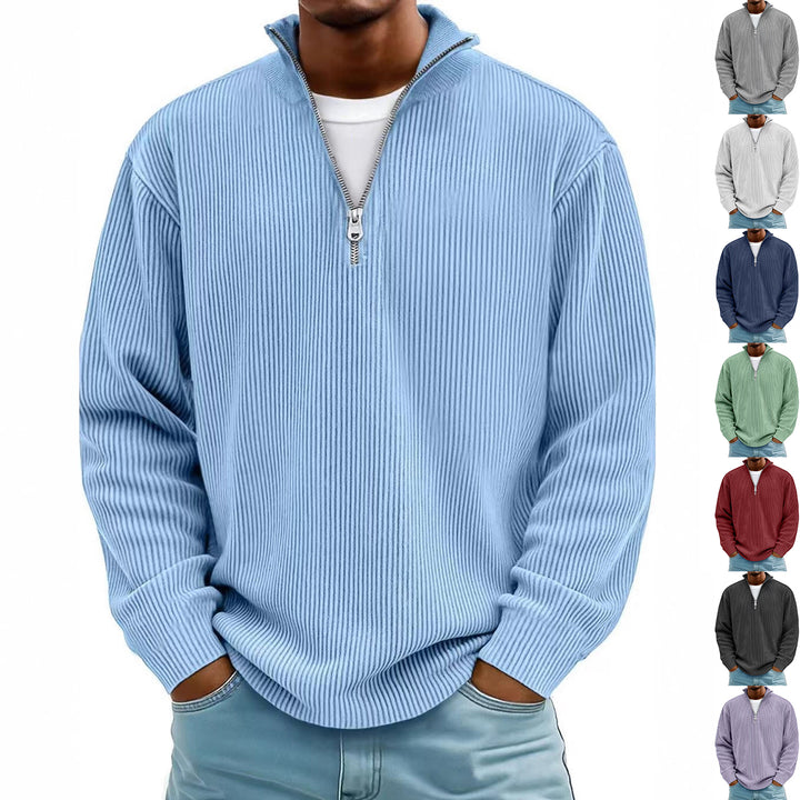 men corduroy pullover long sleeve relaxed fit neutral background styling