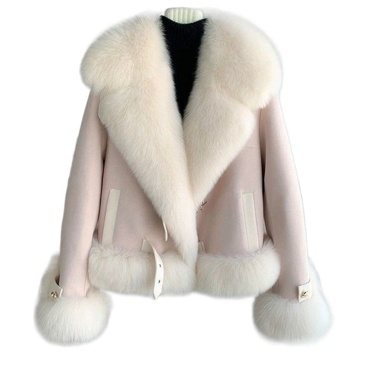 winter elegance plush faux fur jacket pink worn belted at waist