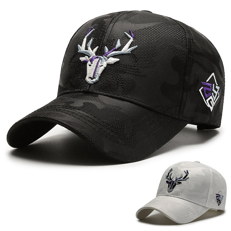 Close-up 3D elk embroidery detail on black peaked cap premium stitching summer outdoor hat