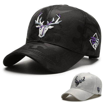 Close-up 3D elk embroidery detail on black peaked cap premium stitching summer outdoor hat