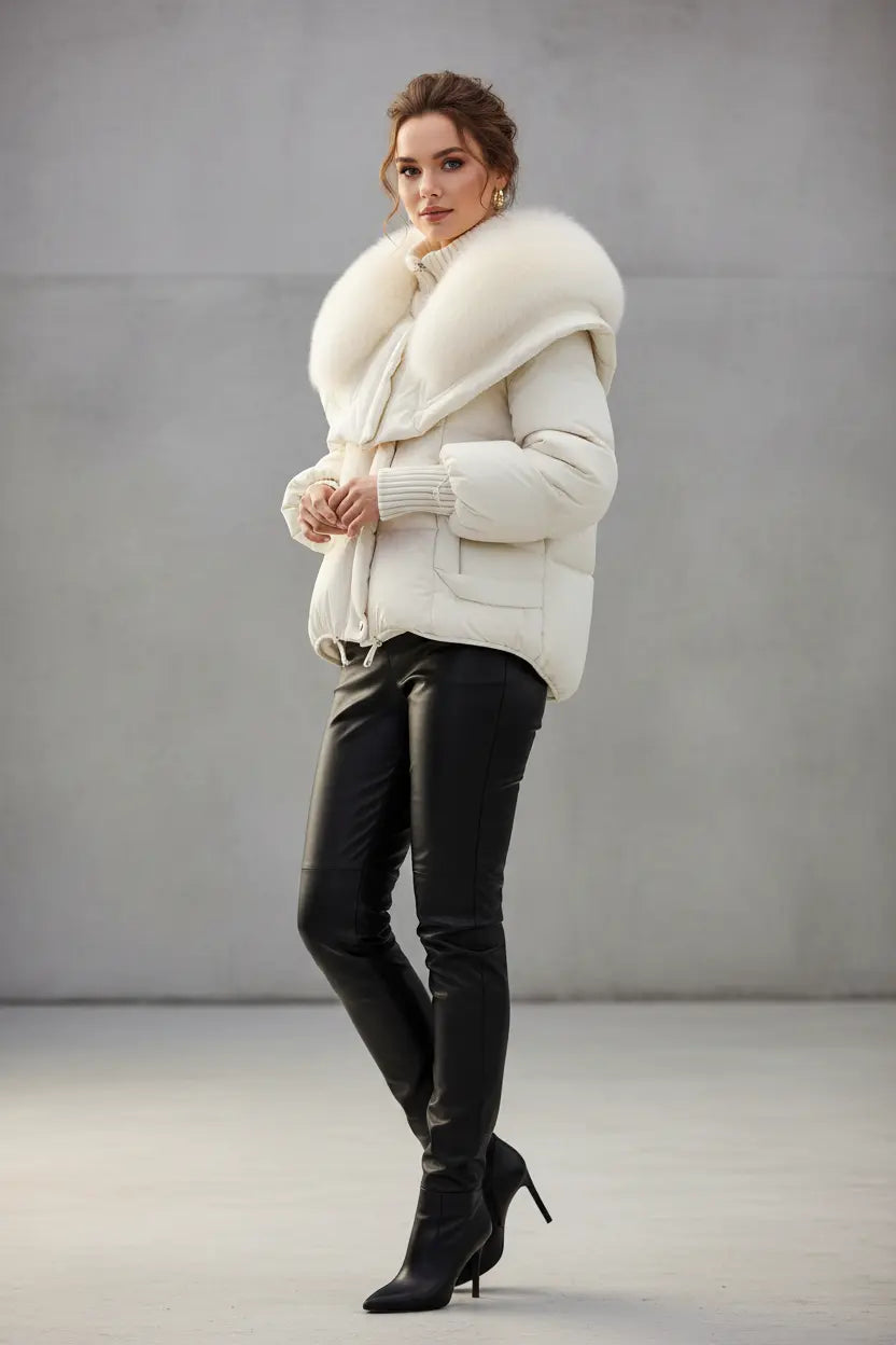 petite parka coat white short puffer with oversized faux fur collar, ribbed stand neck and front zip on hanger
