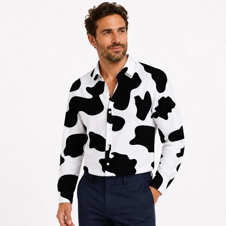 Men’s Hawaiian long sleeve shirt with retro car print and relaxed vacation style