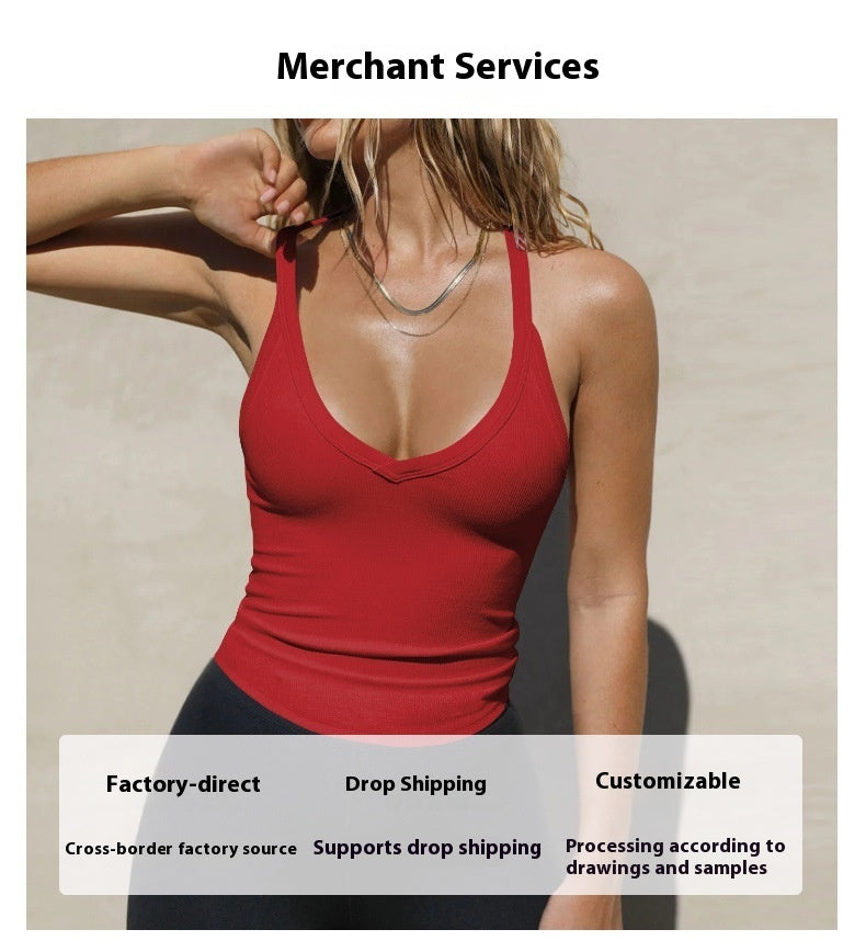 Woman wearing a red tank top with text about merchant services and product features.