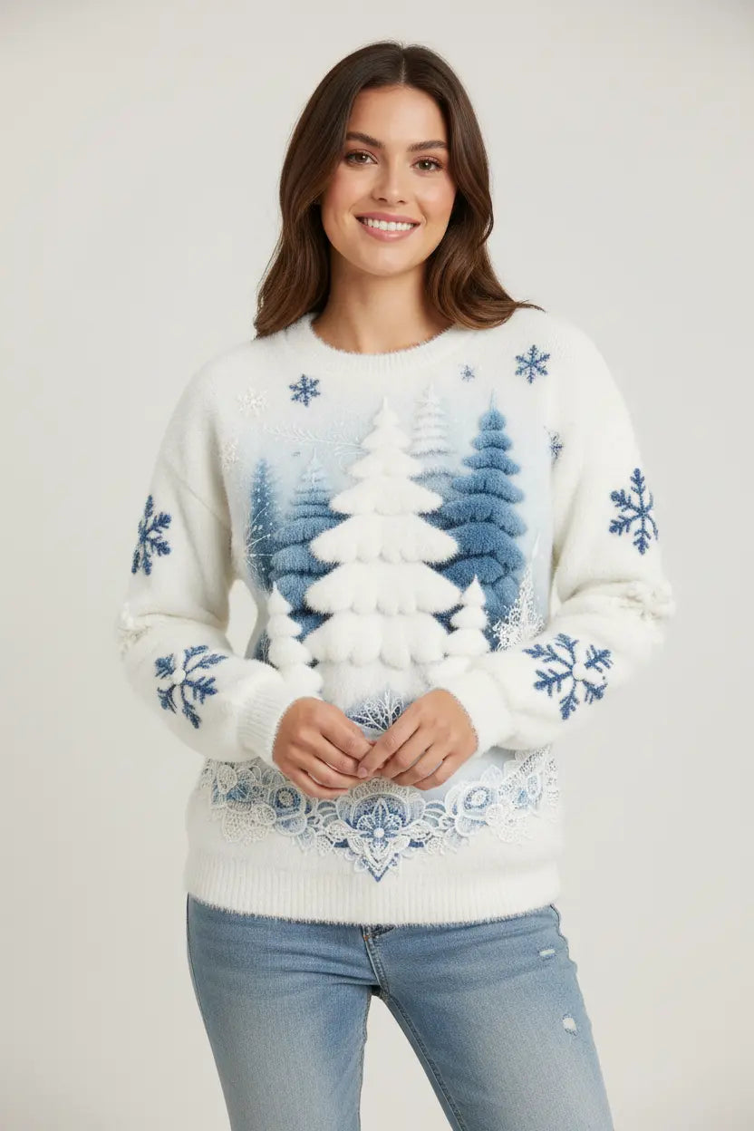 Christmas sweatshirt womens close-up of 3D holiday pattern print on soft flannel fabric, premium texture detail shot
