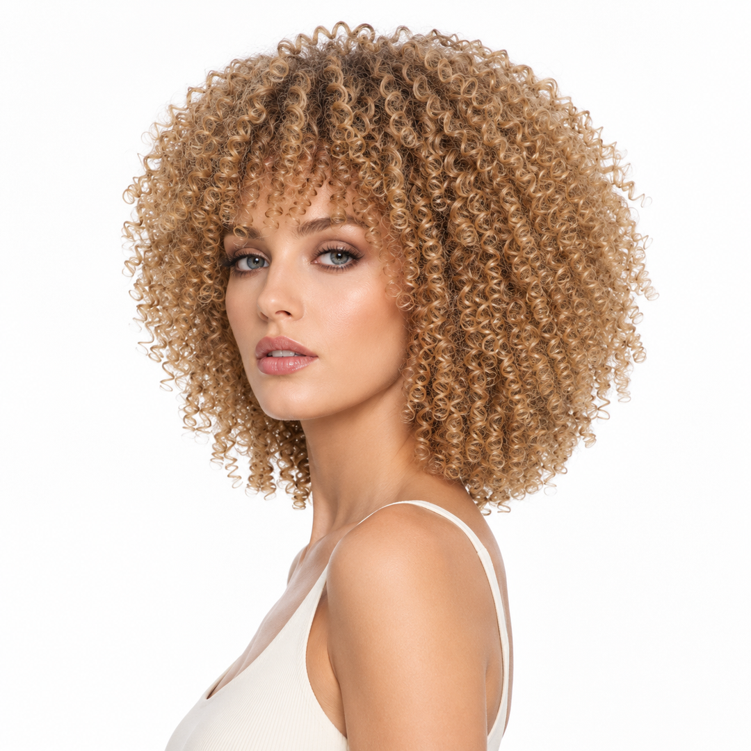 Short curly wig side profile highlighting defined curl movement, slanted bangs, and the refined 14 inch silhouette for women.
