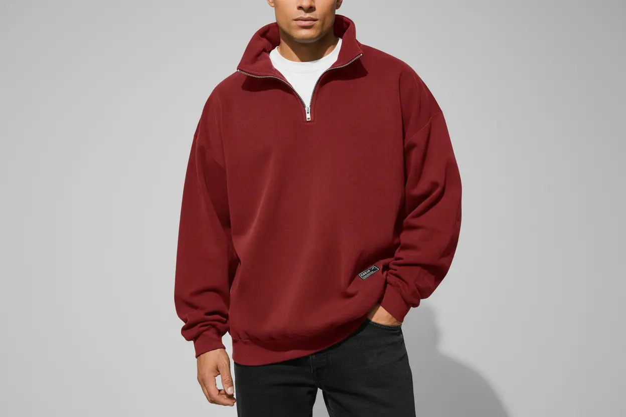 Men's fleece zip-up sweatshirt letter pattern close-up polar fleece texture for warm lightweight autumn layering
