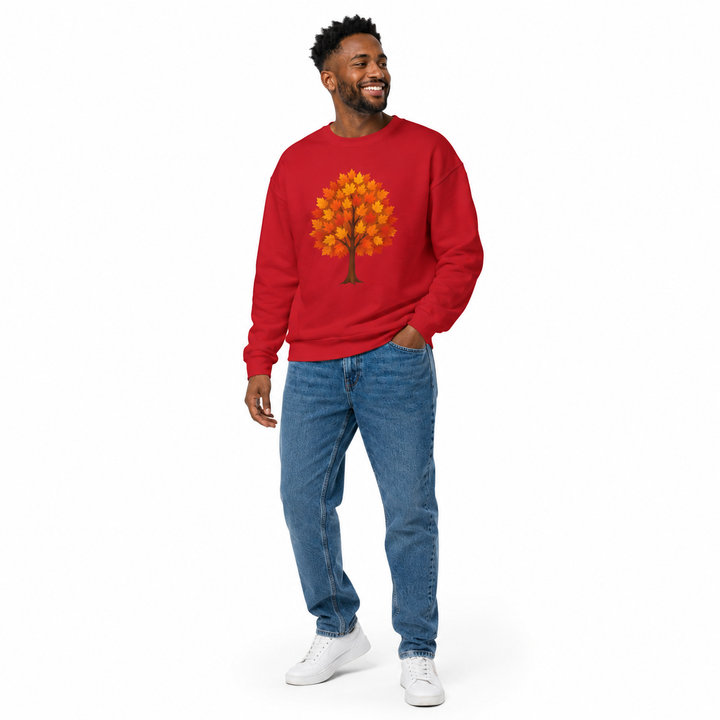 Autumn tree graphic sweatshirt detail showing durable double-needle stitching, smooth finish and bright seasonal leaf colors.